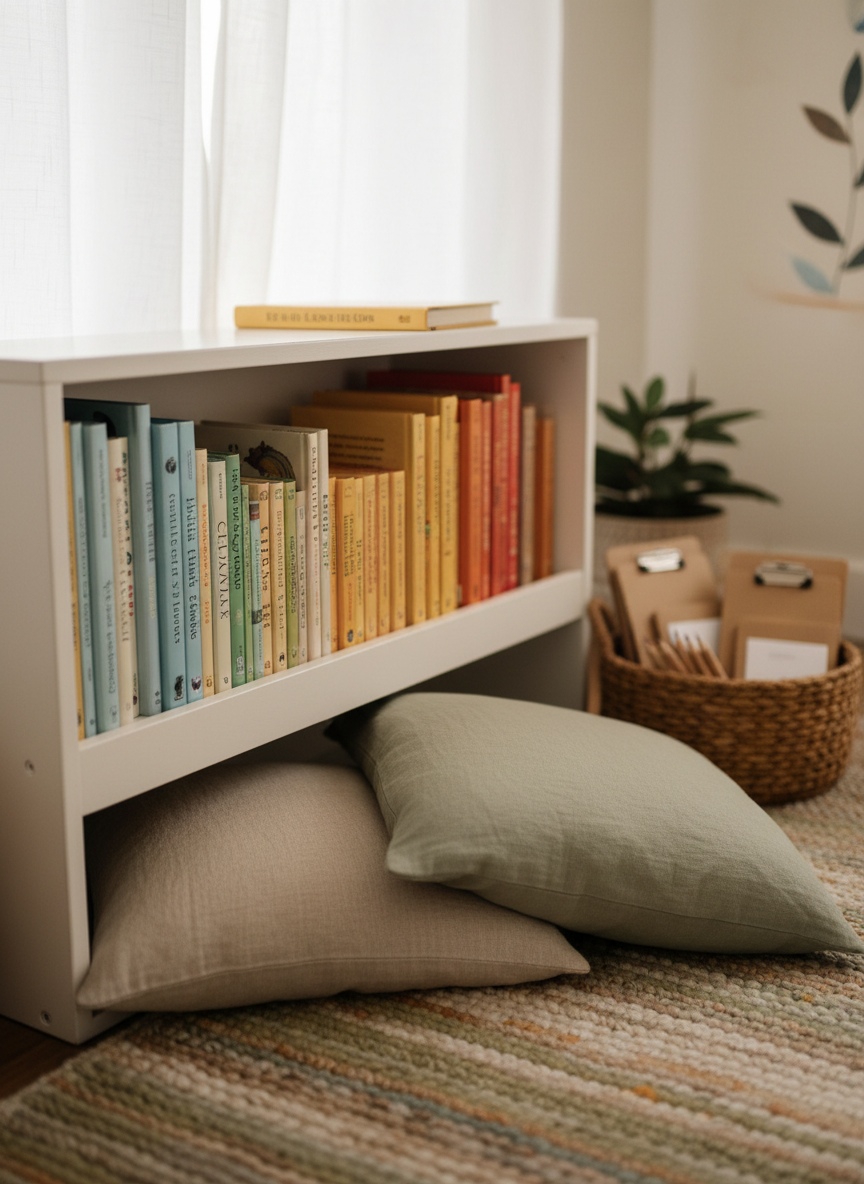 A close, eye-level photograph of a thoughtfully arranged early literacy nook in a preschool setting, emphasizing materials and environment rather than people. A low, white wooden bookshelf holds a curated selection of hardcover picture books with illustrated covers facing outward, organized by subtle color gradients. A thick, textured wool rug in muted earth tones spreads across the floor, with two large linen floor cushions inviting quiet reading. Beside the shelf, a small rattan basket contains clipboards, soft pencils, and blank booklets ready for emergent writing. Soft, diffused daylight filters through sheer curtains, creating a calm, warm glow and minimal shadows. The composition uses shallow depth of field, with the foreground books in crisp focus and the background softly blurred, conveying a reflective, nurturing approach to early literacy.