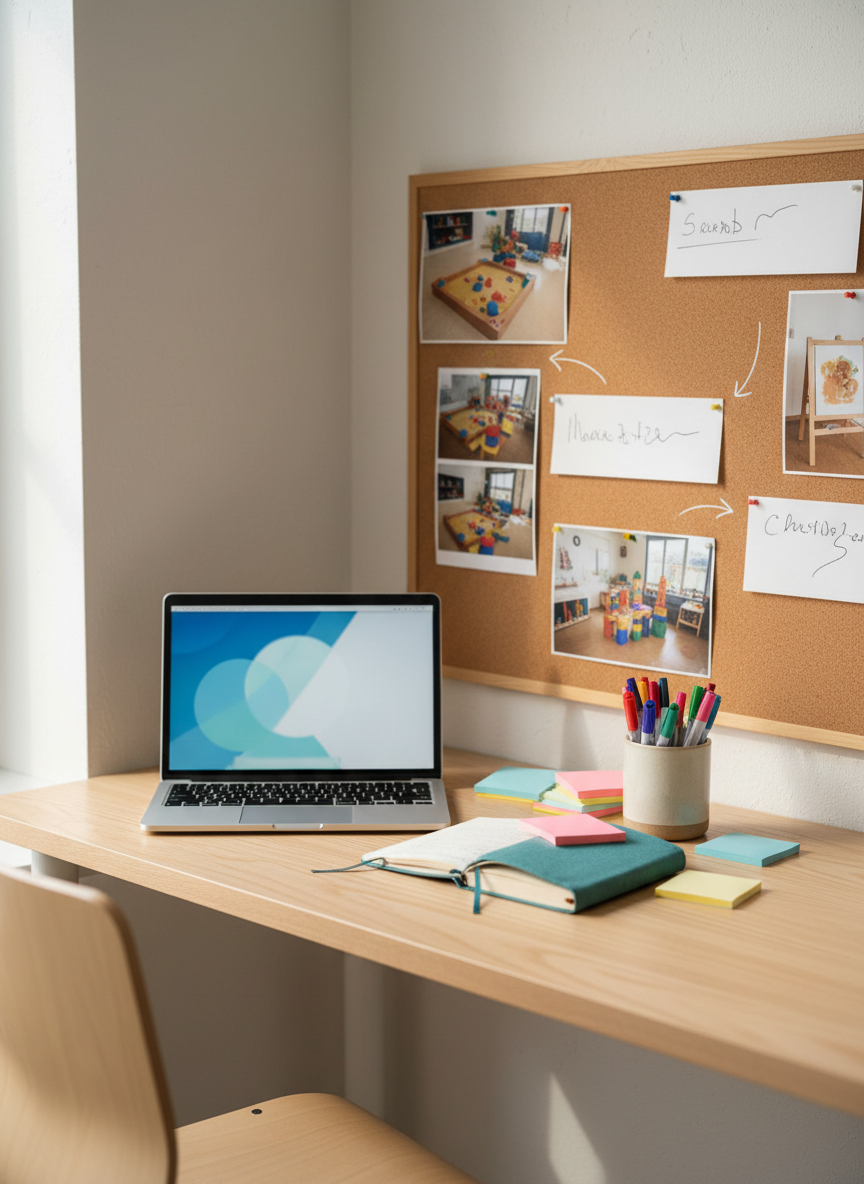 A documentation and reflection corner for early childhood educators, rendered in clean photographic realism. A simple birch desk stands against a pale, textured wall, holding an open laptop displaying a blurred, text-free planning screen, alongside a bound observation journal, pastel sticky notes, and a ceramic mug with colored pens. Above the desk, a corkboard features pinned, de-identified photo prints of children’s play environments and handwritten-style reflections that are indistinct and unreadable. Late morning natural light falls from a nearby unseen window, creating soft highlights on the wooden surface and gentle shadows under the desk. The composition is shot from a three-quarter angle with moderate depth of field, conveying professionalism, critical reflection, and organized practice in early education, without showing any human figures or legible personal information.