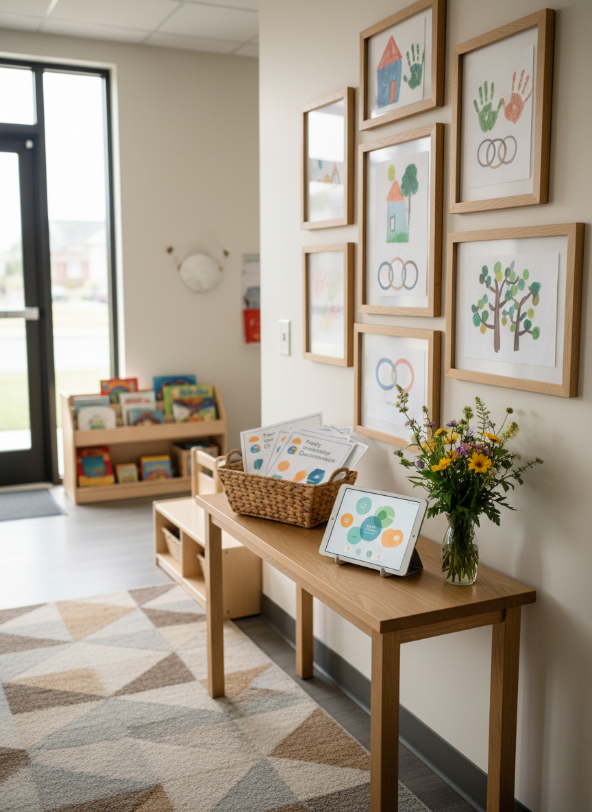 A welcoming early childhood classroom entry area that highlights partnerships with families and community, captured in realistic photographic style. A narrow console table made of light oak holds a woven basket of blank family questionnaires, a small vase of fresh seasonal flowers, and a tablet on a stand displaying an abstracted, text-free family communication app. Along the wall, a gallery of simple wooden frames showcases artwork, handprints, and symbolic family representations without any faces. Natural, overcast light from a nearby glass door softly illuminates the space, with minimal glare and gentle, even shadows. Shot at eye level with balanced composition, the scene feels inclusive, organized, and professional, emphasizing collaborative early learning relationships while deliberately avoiding visible people or readable text.