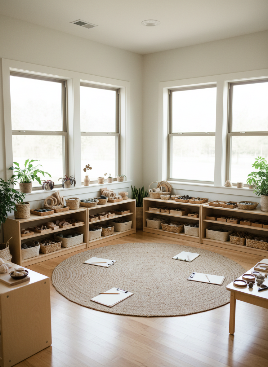 A sunlit early childhood classroom filled with natural materials and soft, neutral colors, photographed in clean, realistic detail. Low wooden shelves display woven baskets of wooden blocks, smooth river stones, and open-ended loose parts, all carefully arranged at child height. A round jute rug anchors the center of the room, with clipboards and blank paper inviting documentation of learning. Large windows line one wall, letting in diffused morning light that casts gentle shadows across the hardwood floor. Potted plants soften the corners, and a small table with magnifiers and shells suggests curious investigation. Shot at eye level with sharp focus throughout, the composition feels calm, professional, and inviting, emphasizing thoughtful early learning environments without any people present.