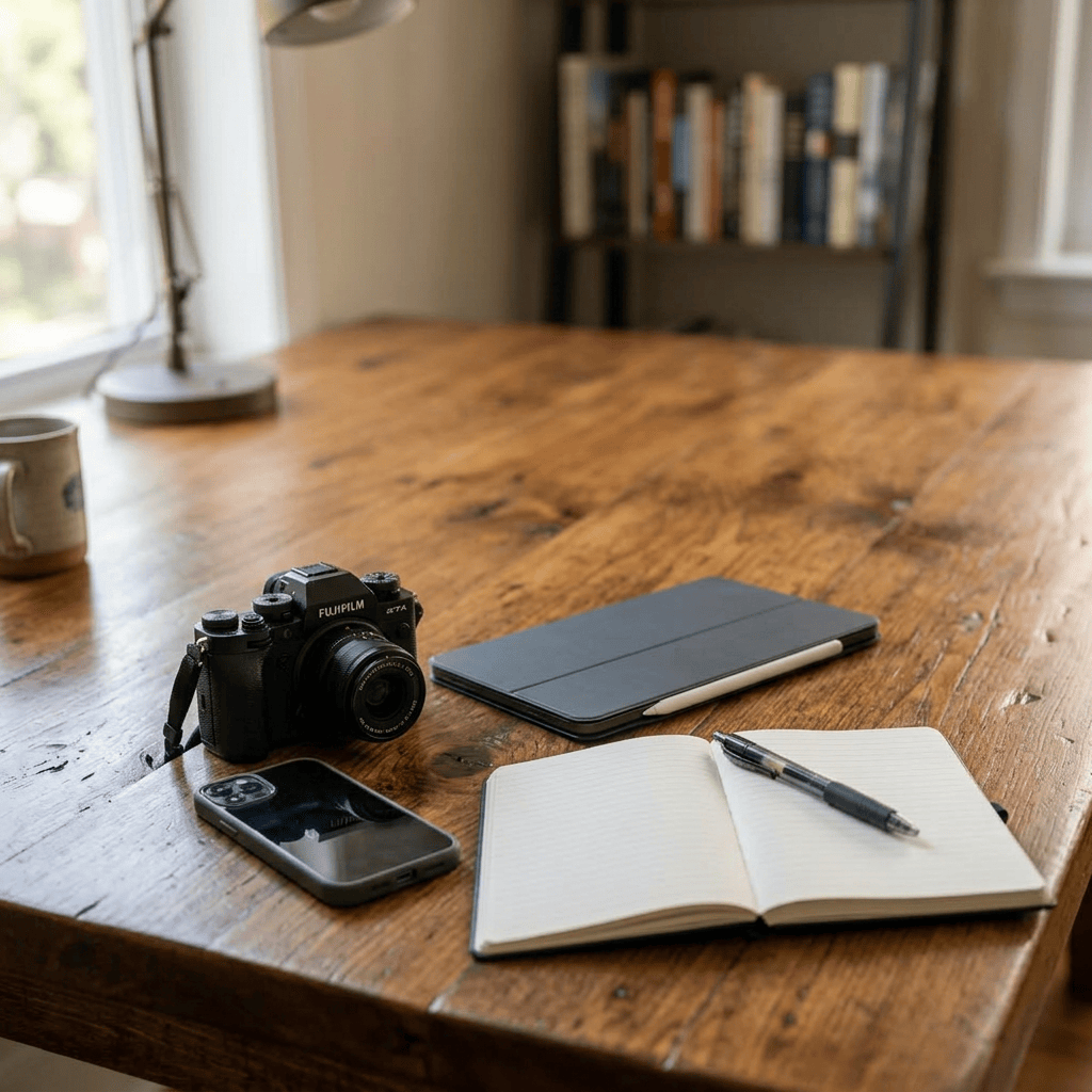Camera, smartphone, tablet with stylus, open notebook with pen on park bench